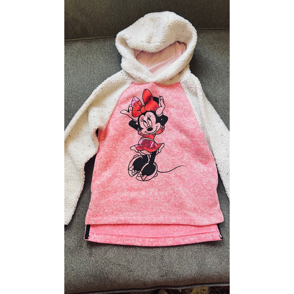 Disney Minnie Mouse Hoodie Kids Size 7 Pink Sherpa Sequin Fleece Sweatshirt